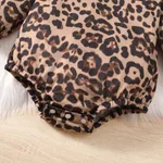 3pcs Baby Girl Leopard Print Ruffle Long-sleeve Romper and Bow Decor Ribbed Overalls & Headband Set  image 6