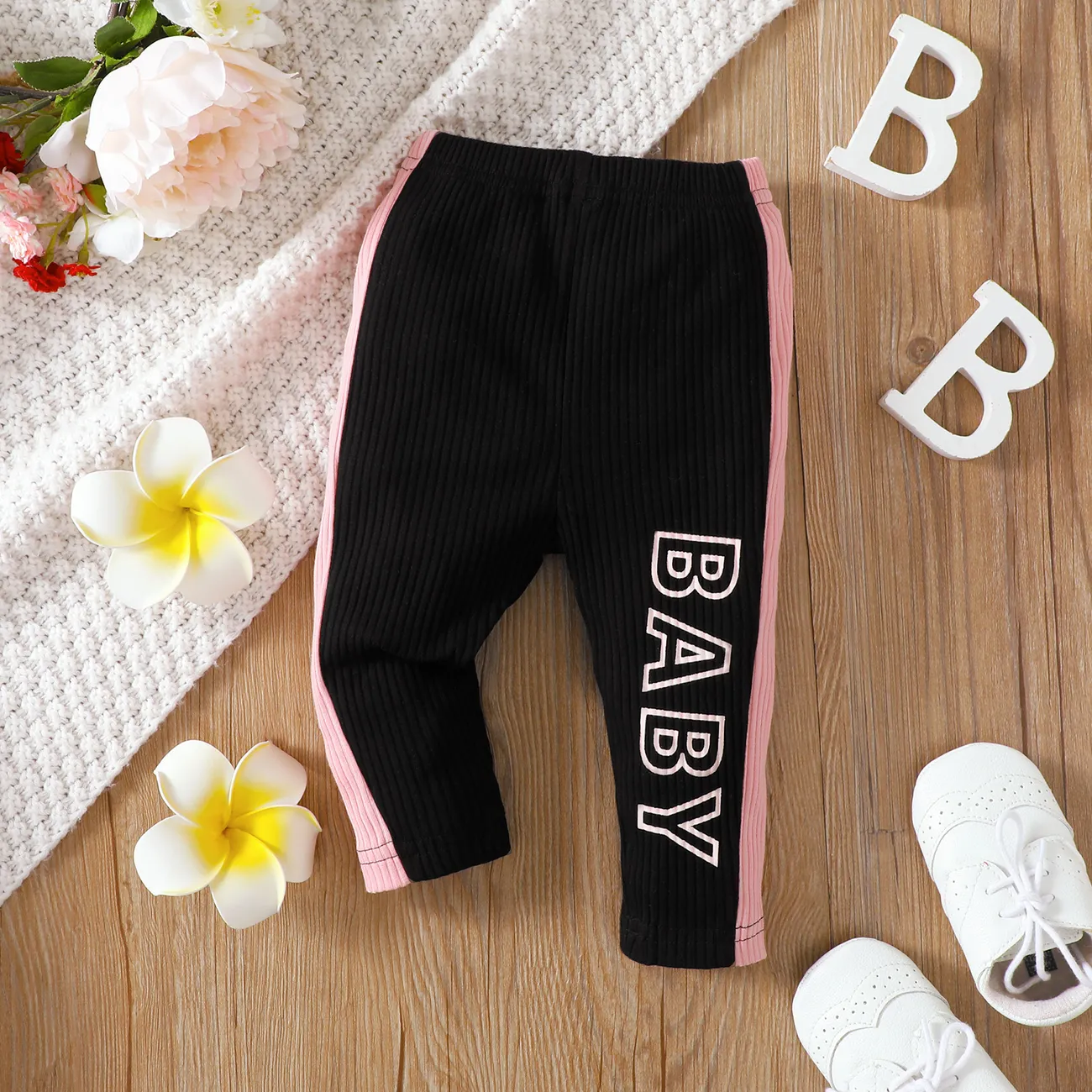 
Baby Girl Color Block Design Casual Letter  Legging Black big image 1
