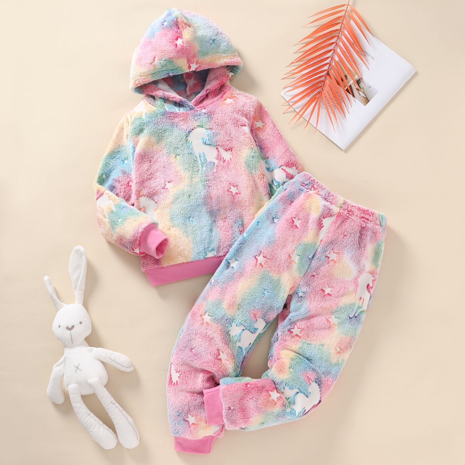 

2pcs Kid Girl Unicorn Pattern Double Side Fleece Hoodie Sweatshirt and Pants Set