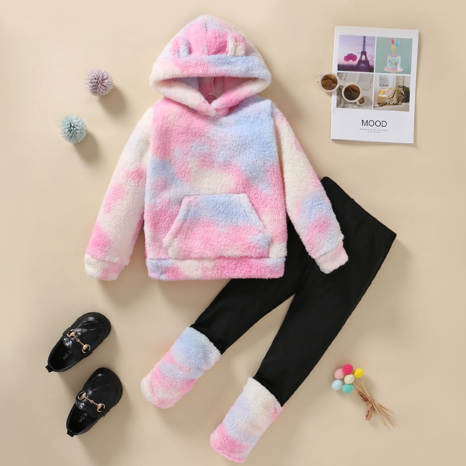 

2pcs Kid Girl Tie Dyed Fleece Hoodie Sweatshirt and Elasticized Pants Set