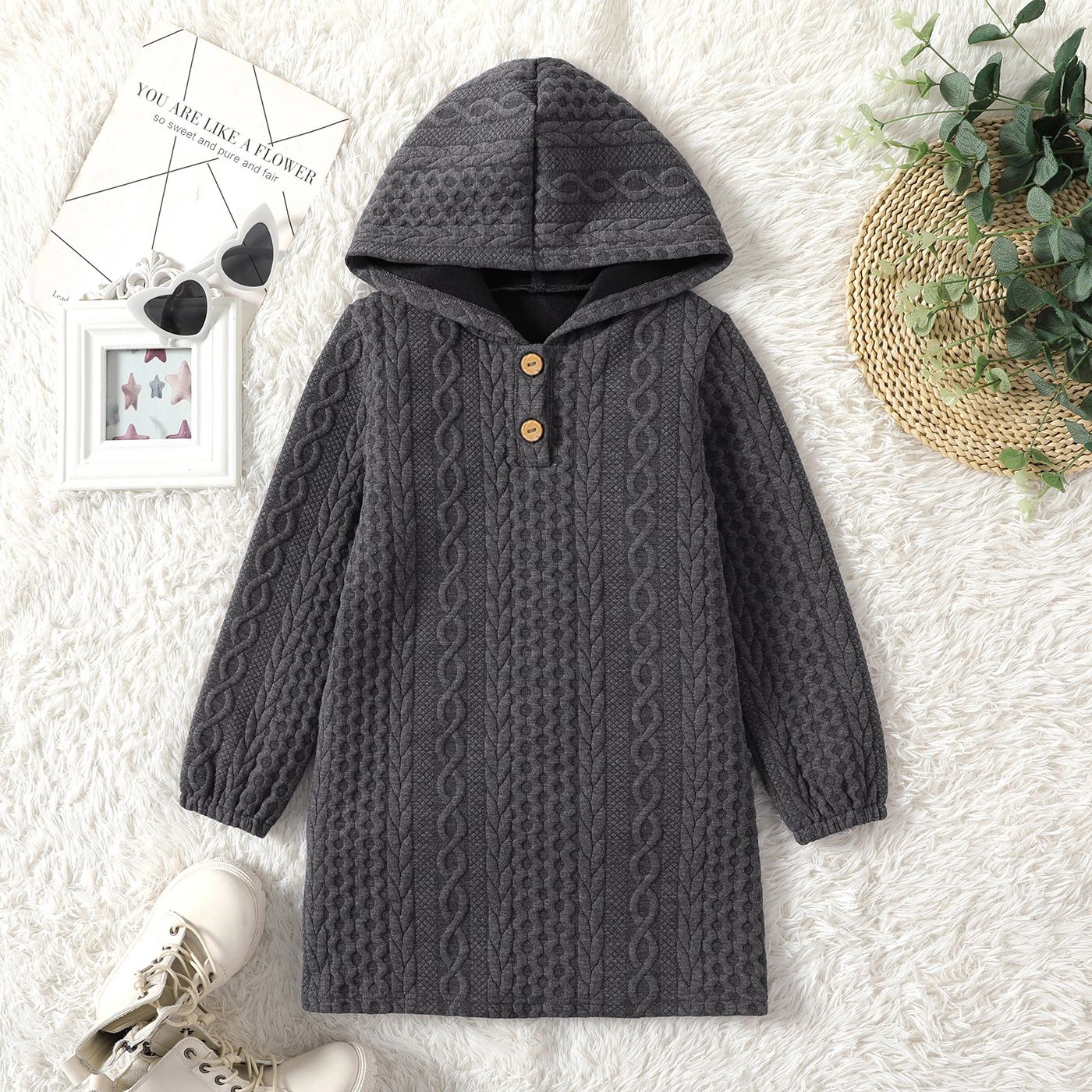 

Kid Girl Solid Color Textured Button Design Hooded Sweatshirt Dress