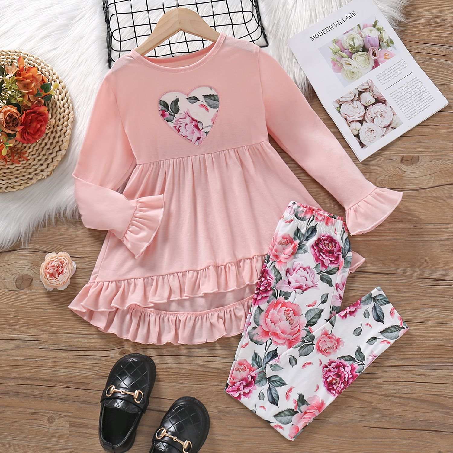 

2pcs Kid Girl Ruffled Heart Embroidered Long-sleeve Tee and Floral Print Leggings Set