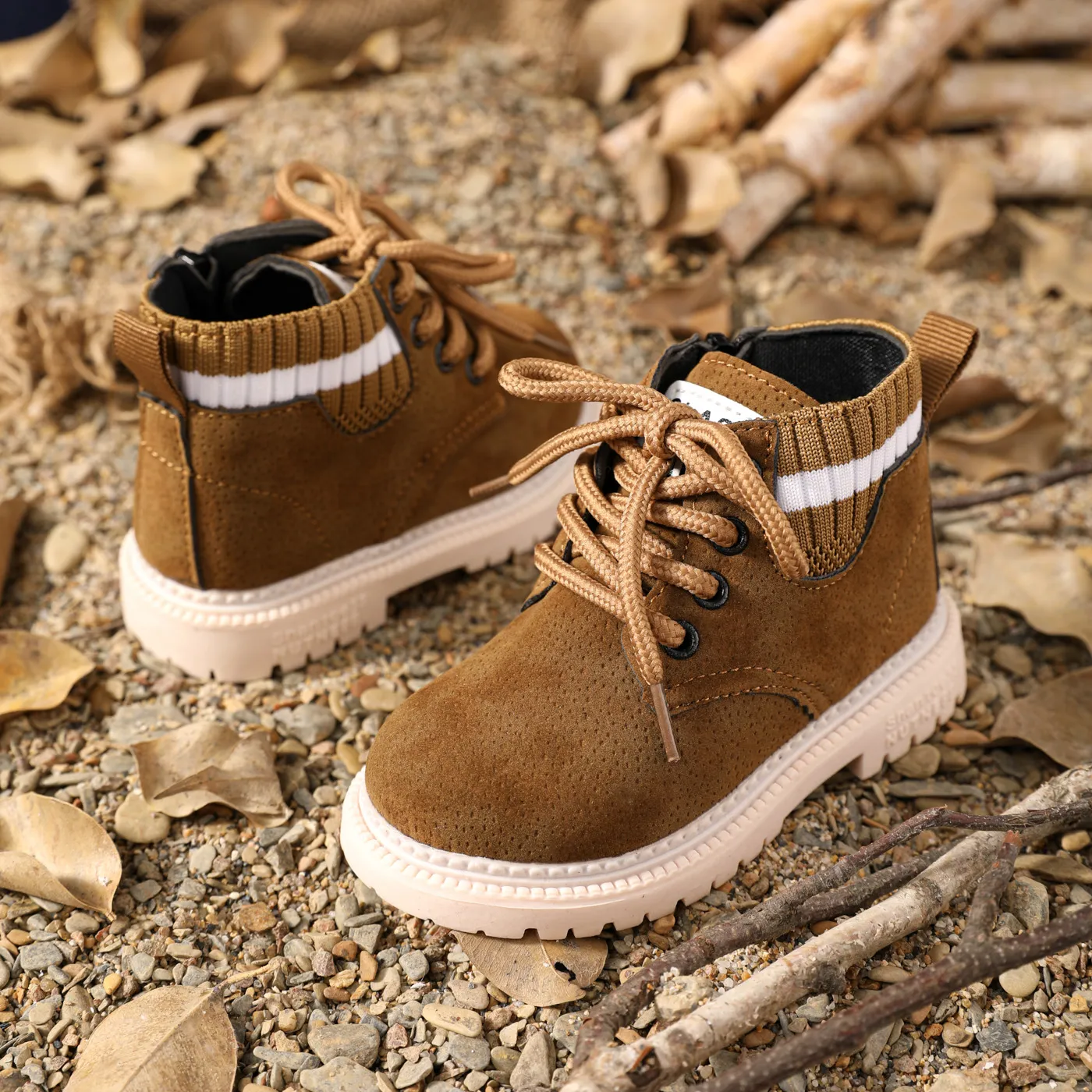 Toddler / Kid Striped Detail Lace-up Front Chelsea Boots Brown image 2