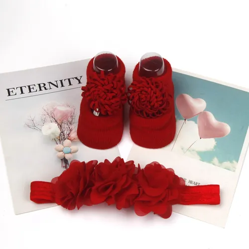 Newborn Baby Red Floral Decor Socks and Headband Set