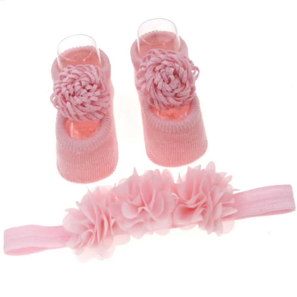 Newborn Baby Red Floral Decor Socks and Headband Set Pink big image 1