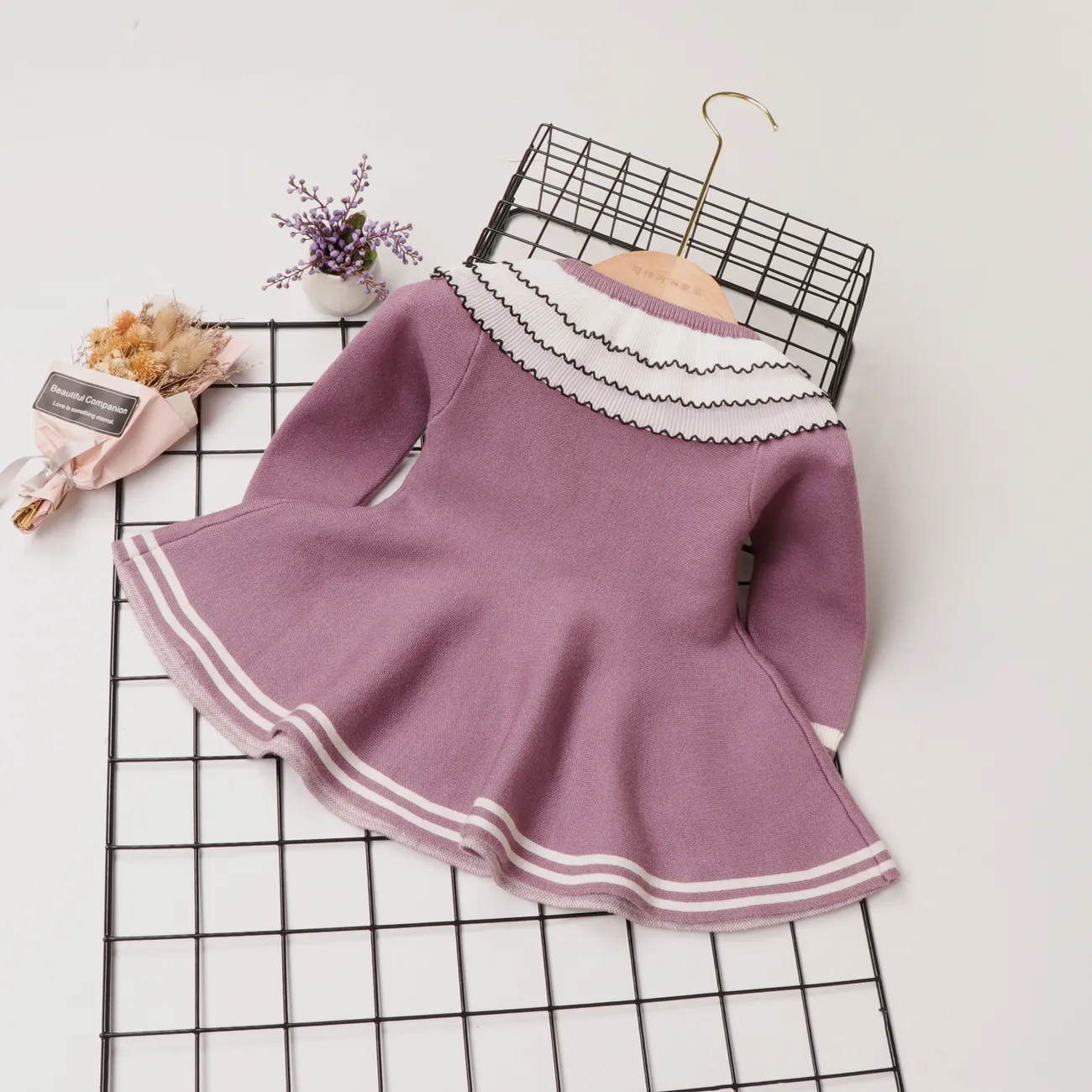 Solid Flounced Collar Long-sleeve Baby Dress Light Purple big image 1