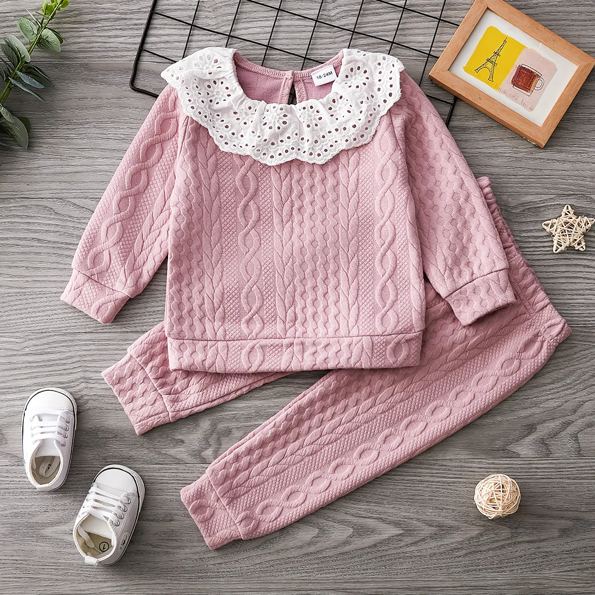 2-piece Toddler Girl Schiffy Flounce Cable Knit Sweater and Pants Set Pink big image 1