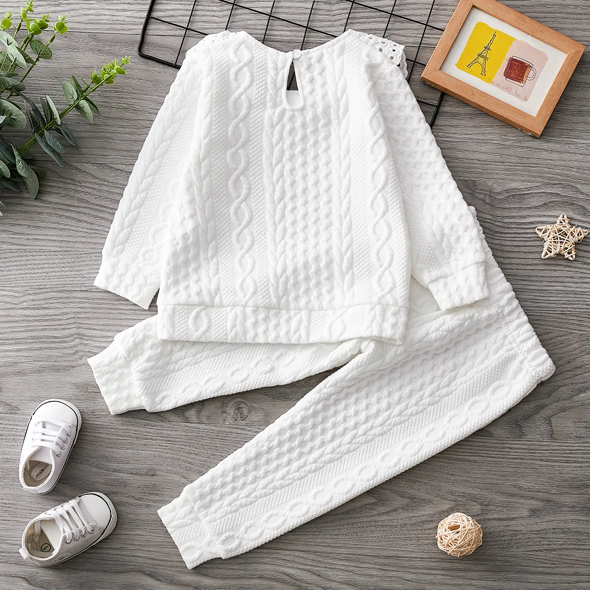 2-piece Toddler Girl Schiffy Flounce Cable Knit Sweater and Pants Set White big image 1