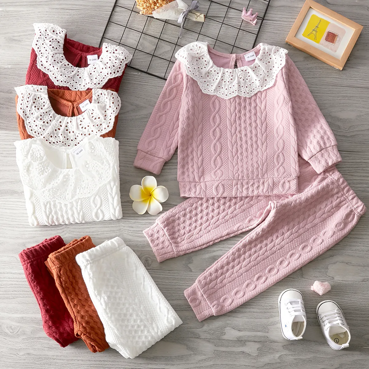2-piece Toddler Girl Schiffy Flounce Cable Knit Sweater and Pants Set White big image 1
