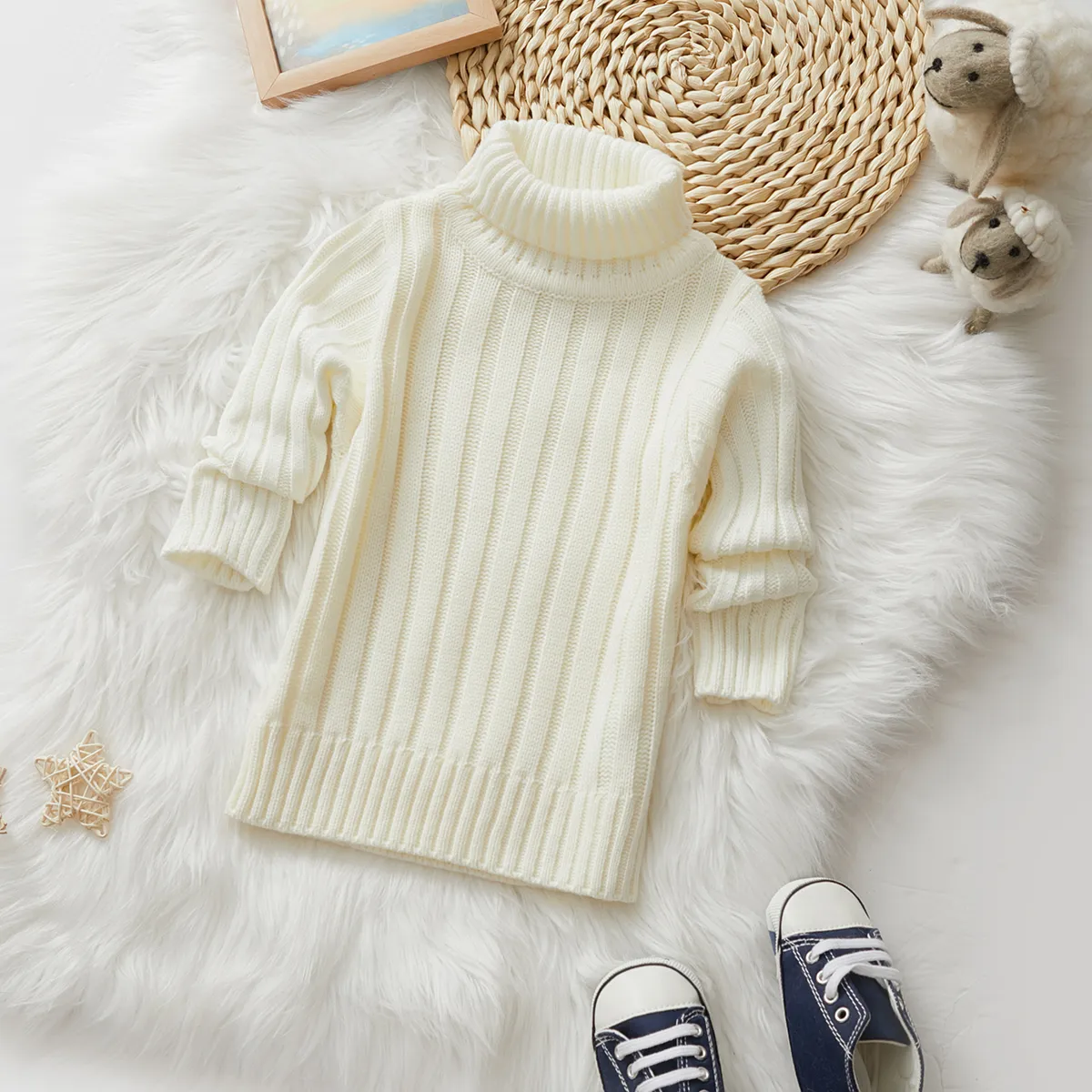 Toddler Girl/Boy Turtleneck Ribbed Knit Sweater White big image 1