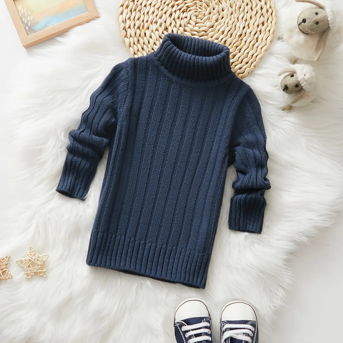 Toddler Girl/Boy Turtleneck Ribbed Knit Sweater Royal Blue big image 1