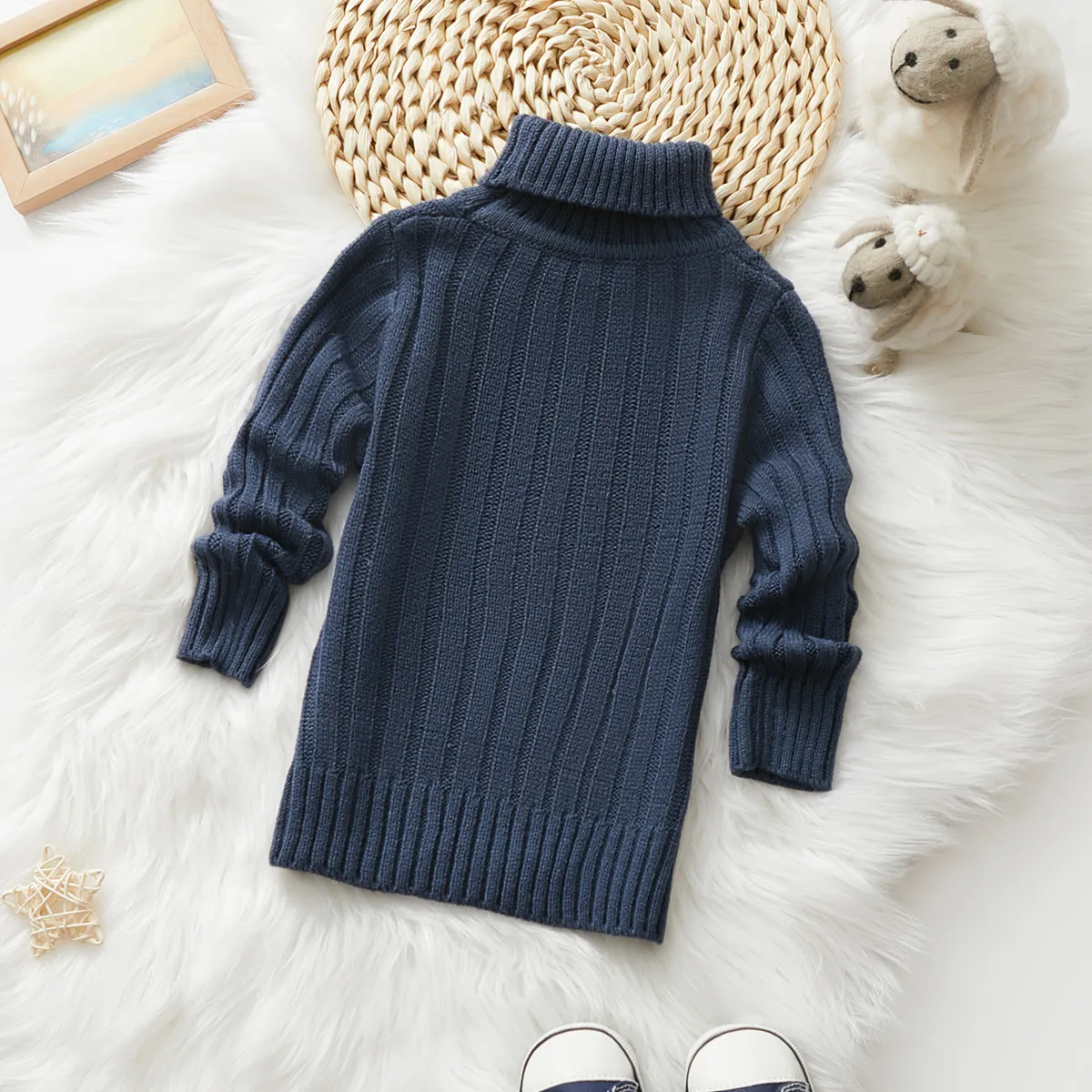 Toddler Girl/Boy Turtleneck Ribbed Knit Sweater Royal Blue big image 1