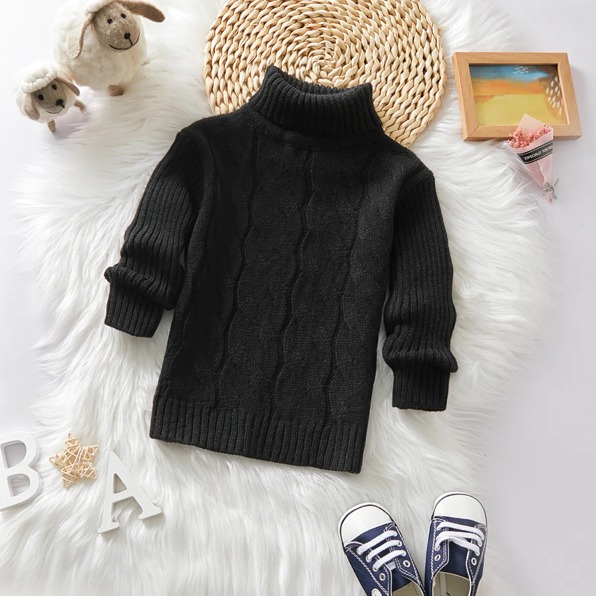 Toddler Girl/Boy Solid Cable Knit Turtleneck Sweater