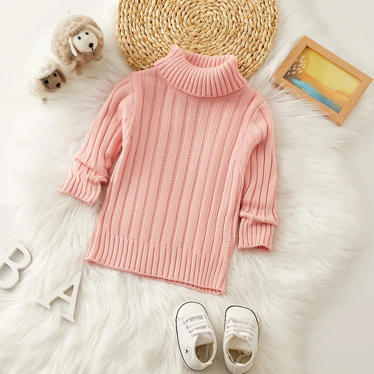 Toddler Girl/Boy Turtleneck Ribbed Knit Sweater Pink