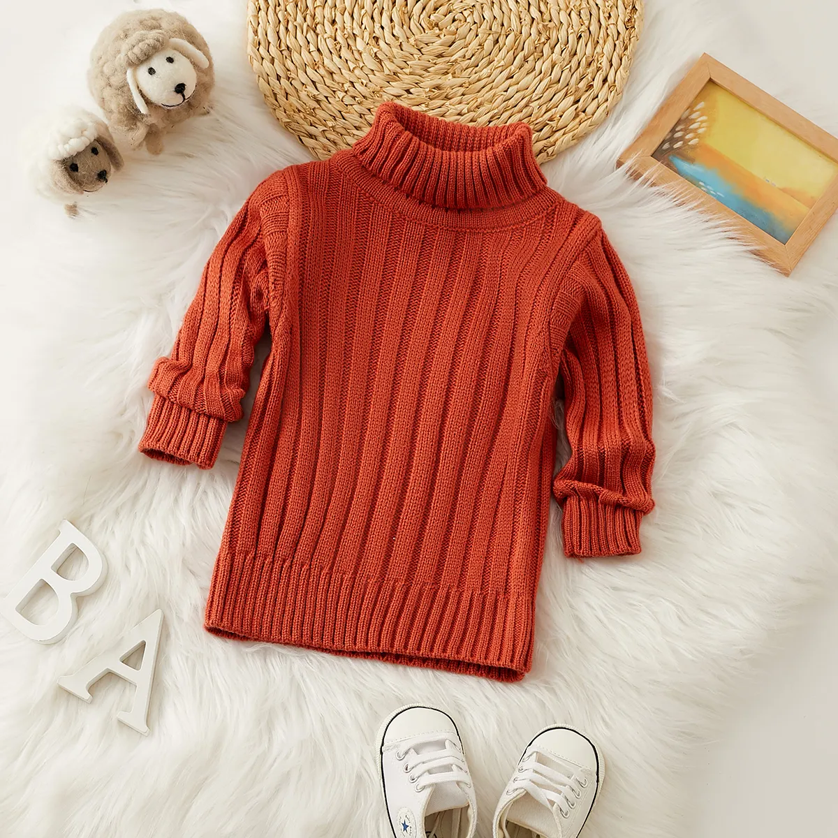 Toddler Girl/Boy Turtleneck Ribbed Knit Sweater Brown