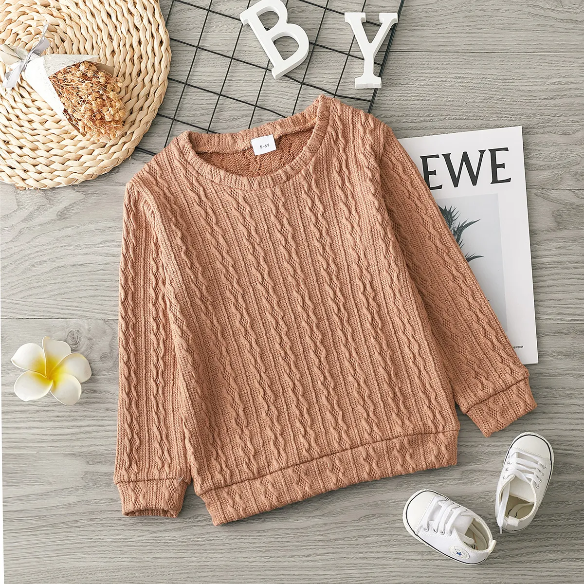 Toddler Girl Solid Casual Cable Knit Sweater Khaki big image 1