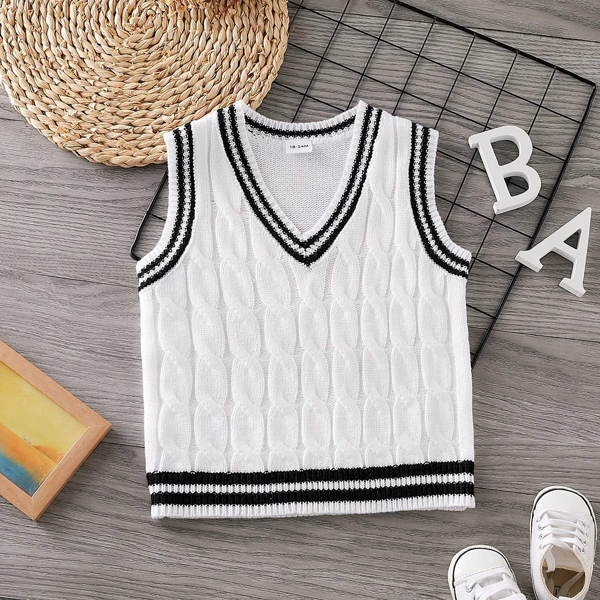 

Toddler Boy Preppy style Striped Textured White Vest