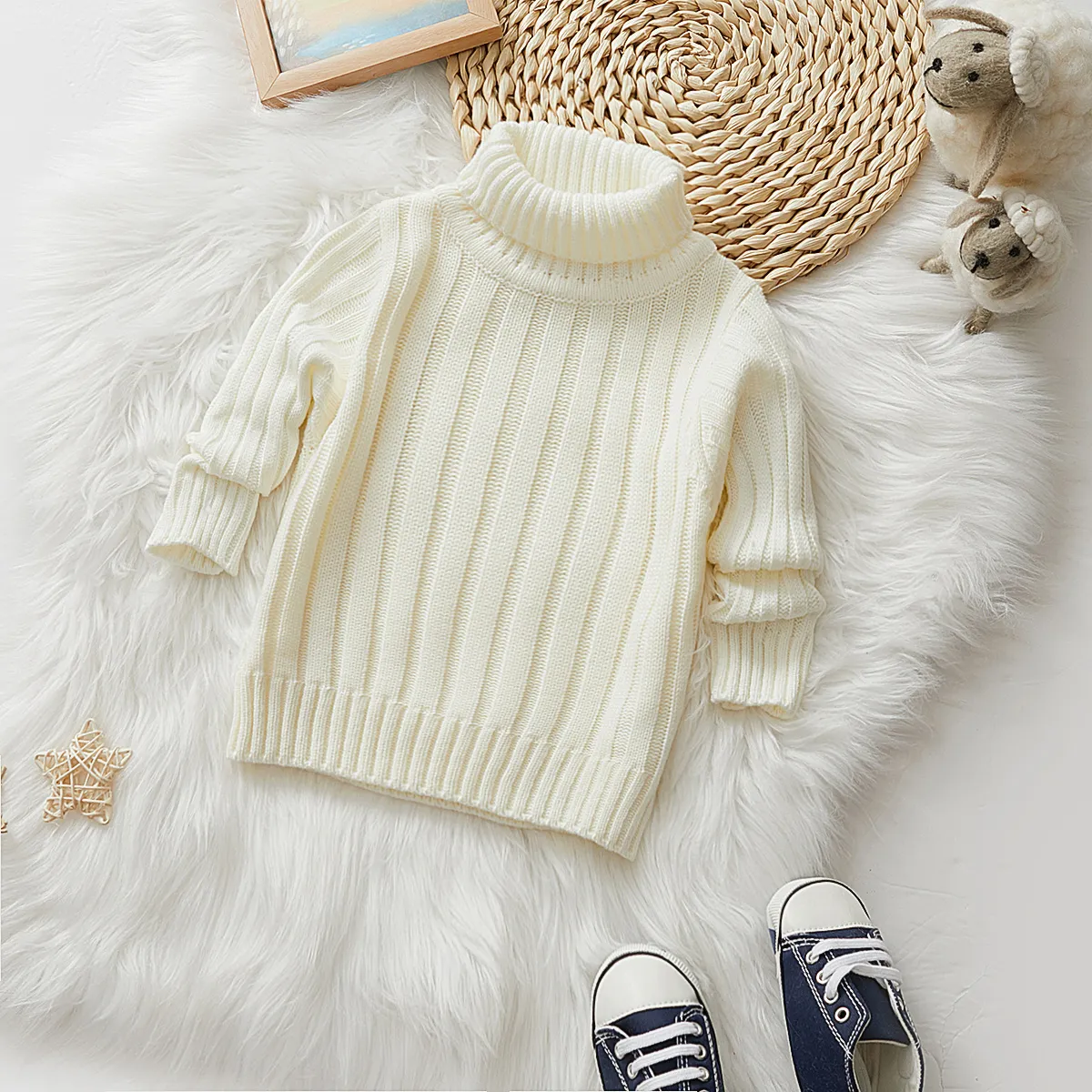 Baby Girl Solid Turtleneck Ribbed Knit Sweater Dress White