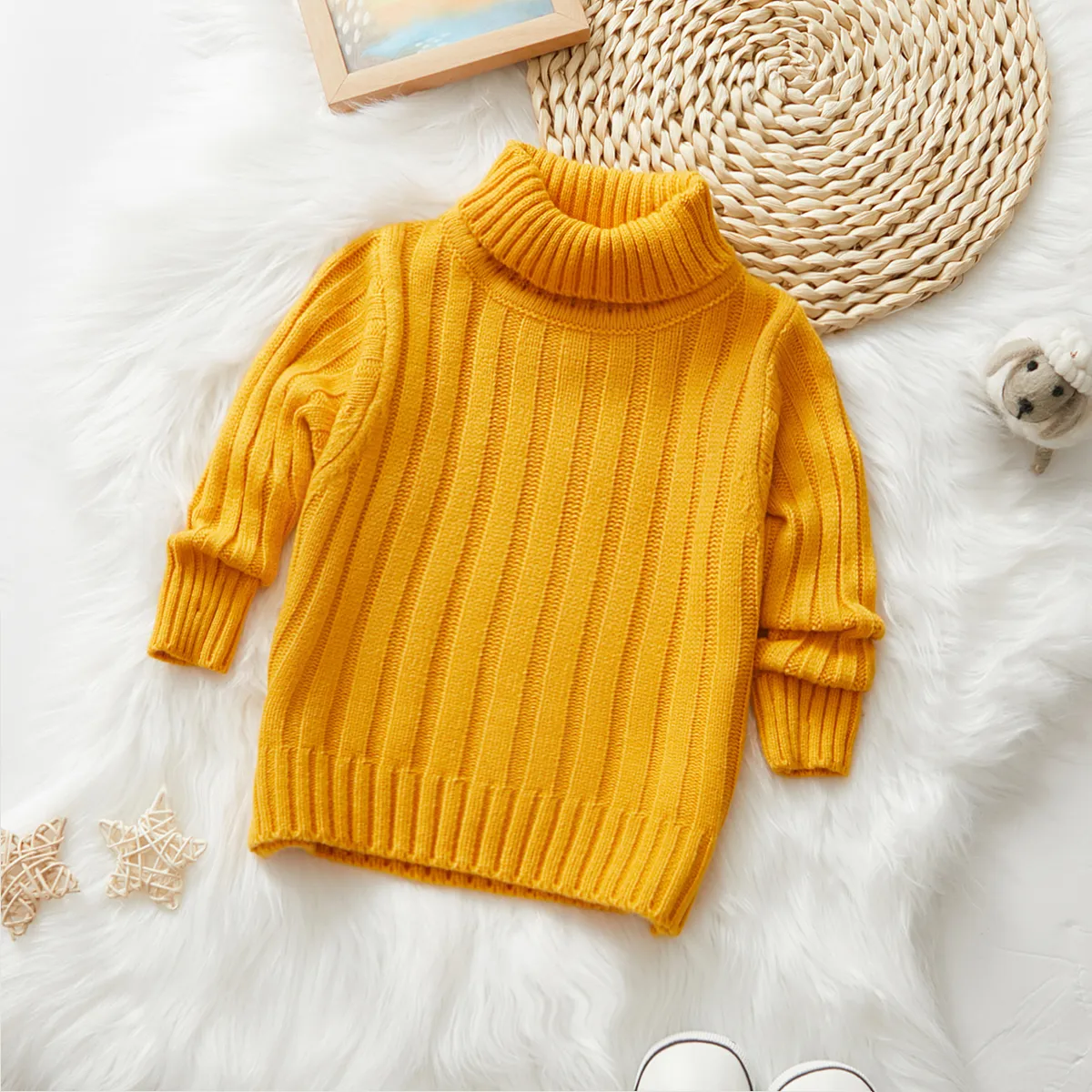 Baby Girl Solid Turtleneck Ribbed Knit Sweater Dress  big image 1