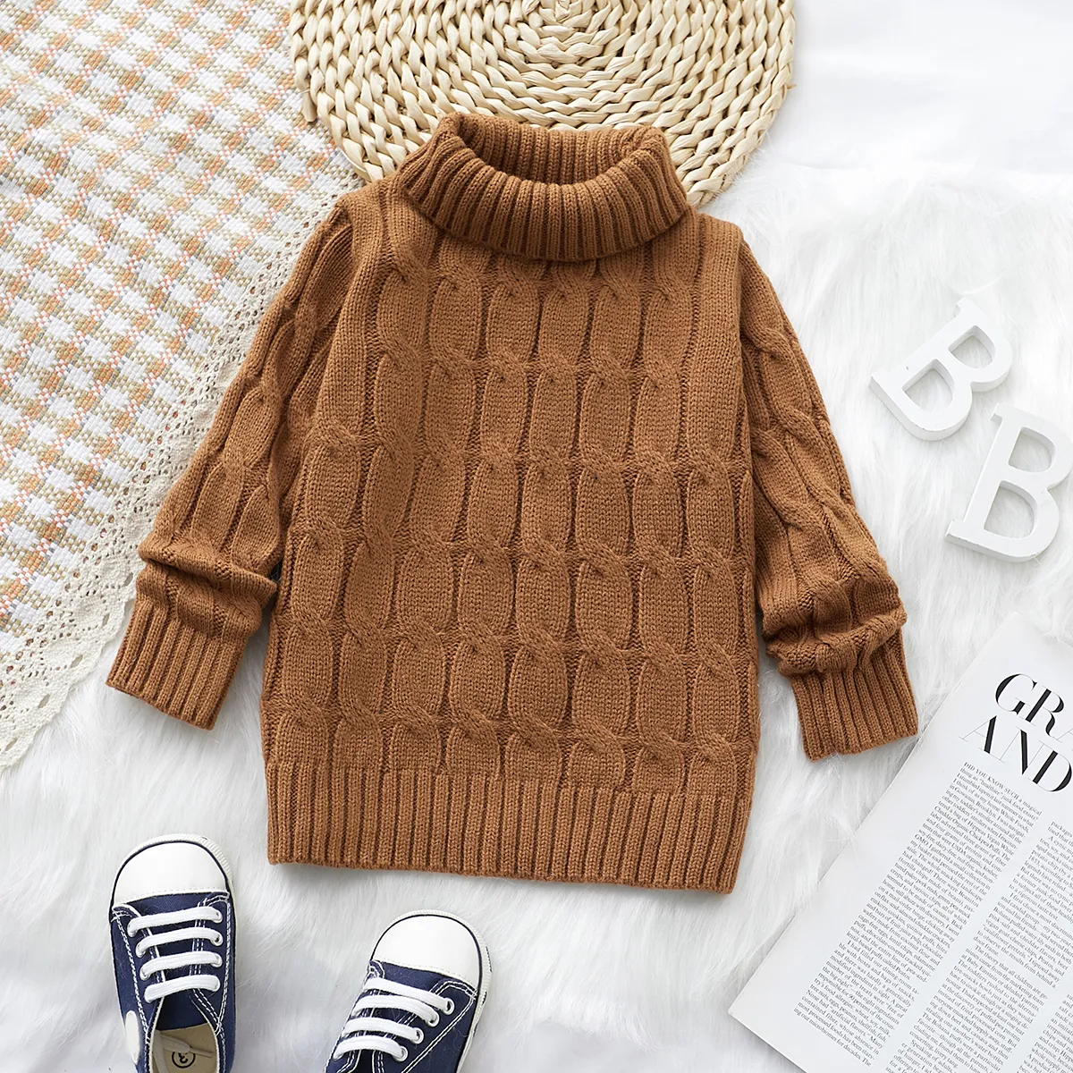 Toddler Boy/Girl Basic Textured Turtleneck Sweater   lighttan big image 1