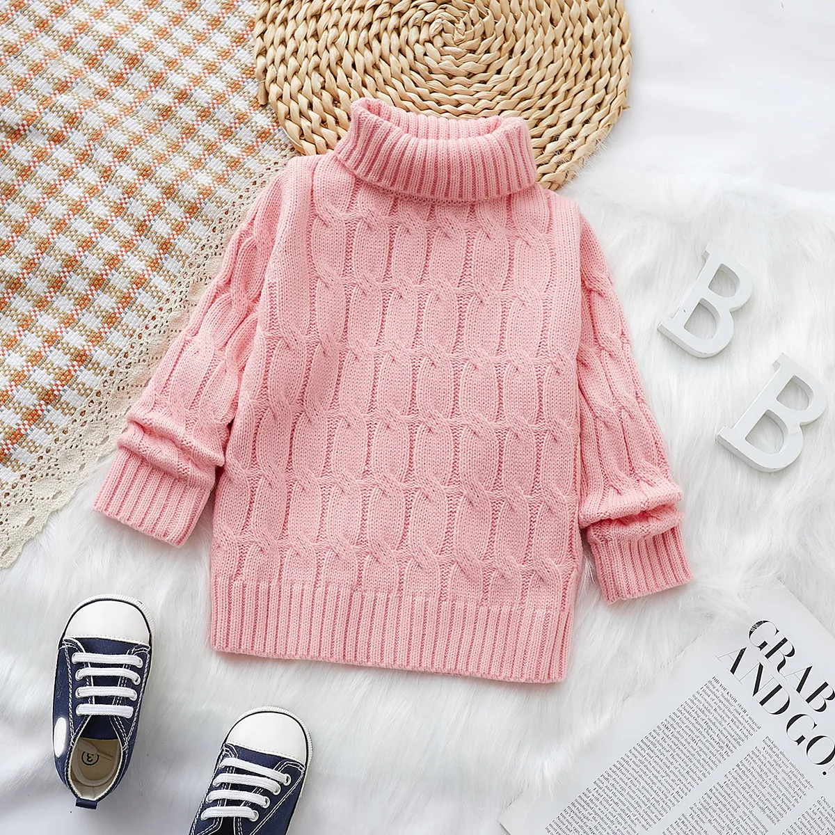 Toddler Boy/Girl Basic Textured Turtleneck Sweater   Pink