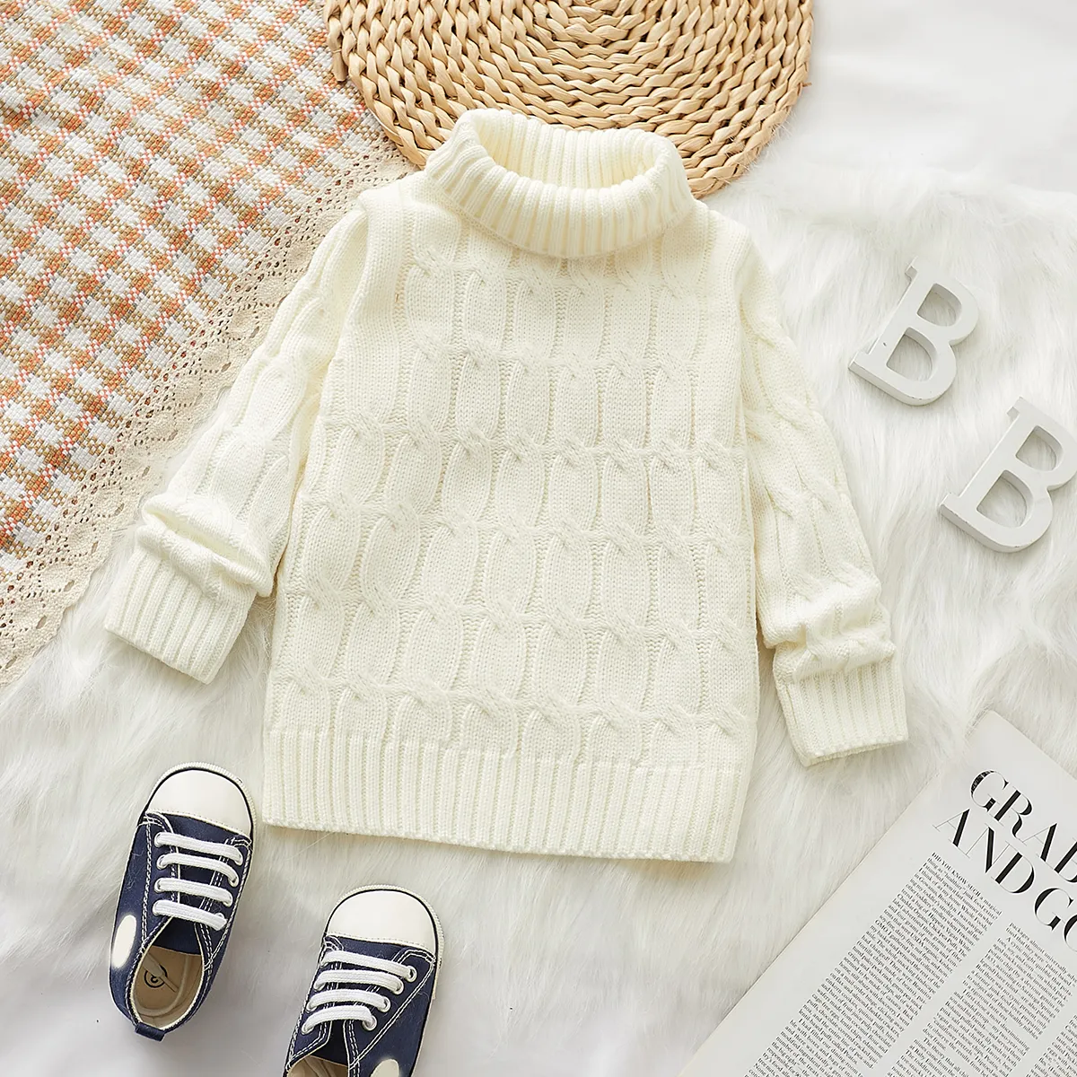 Toddler Boy/Girl Basic Textured Turtleneck Sweater   White