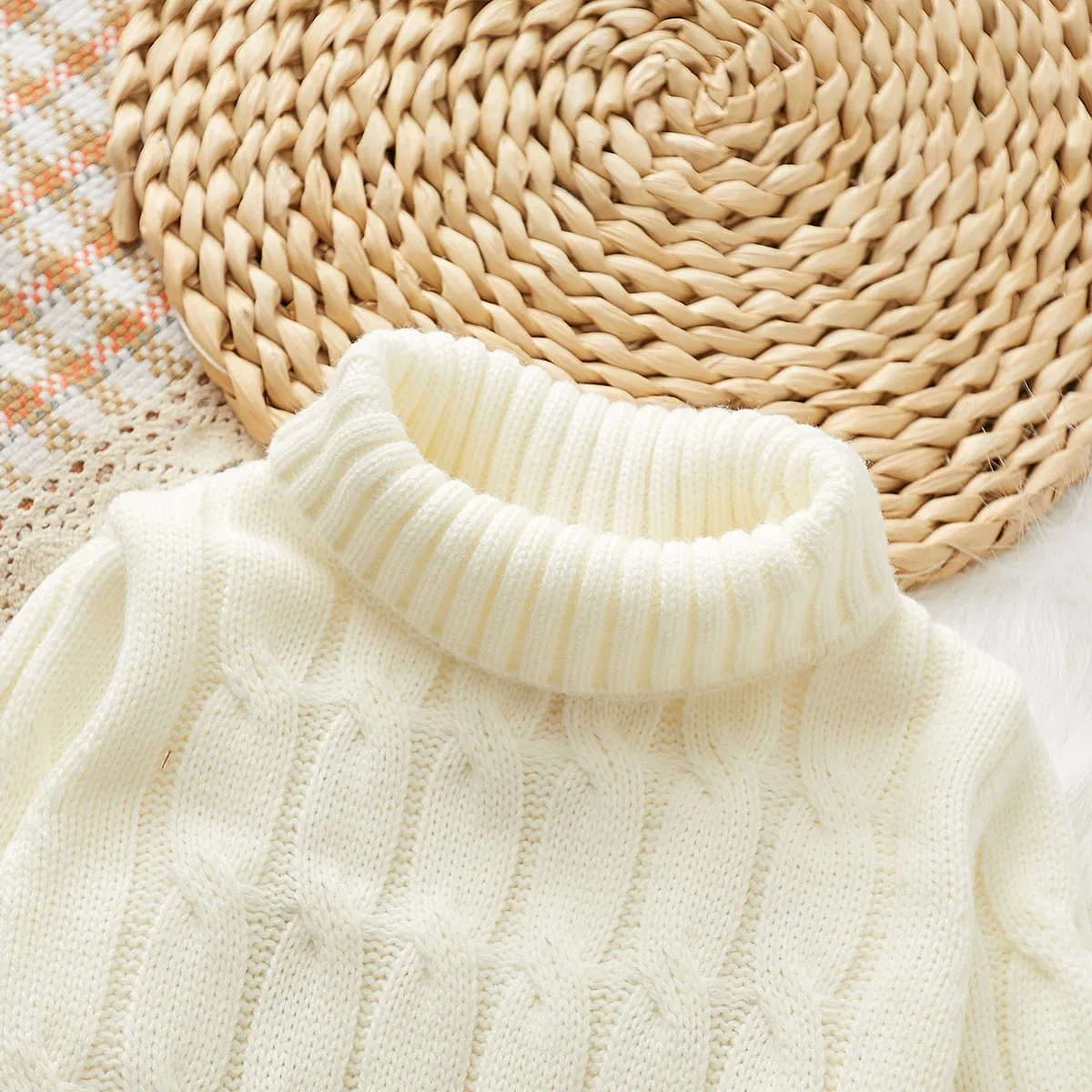 Toddler Boy/Girl Basic Textured Turtleneck Sweater   White big image 1
