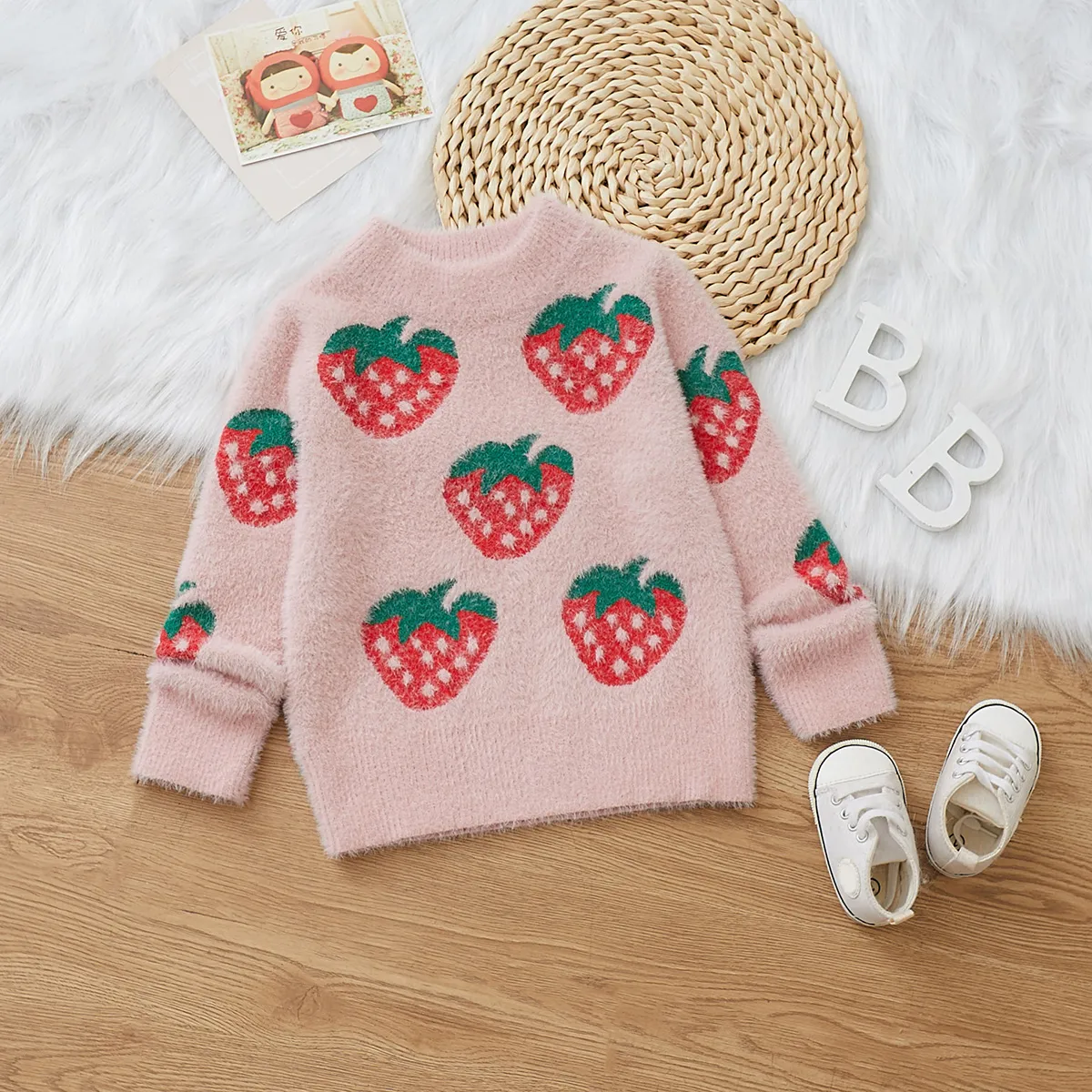 Toddler Girl Sweet Strawberry Pattern Sweater  big image 1