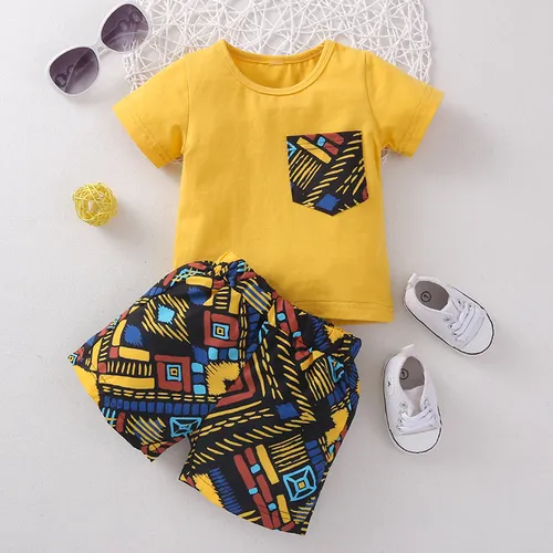 Conjunto de 2 piezas de camiseta y pantalones cortos con estampado geométrico de manga corta para bebé niño 95% algodón