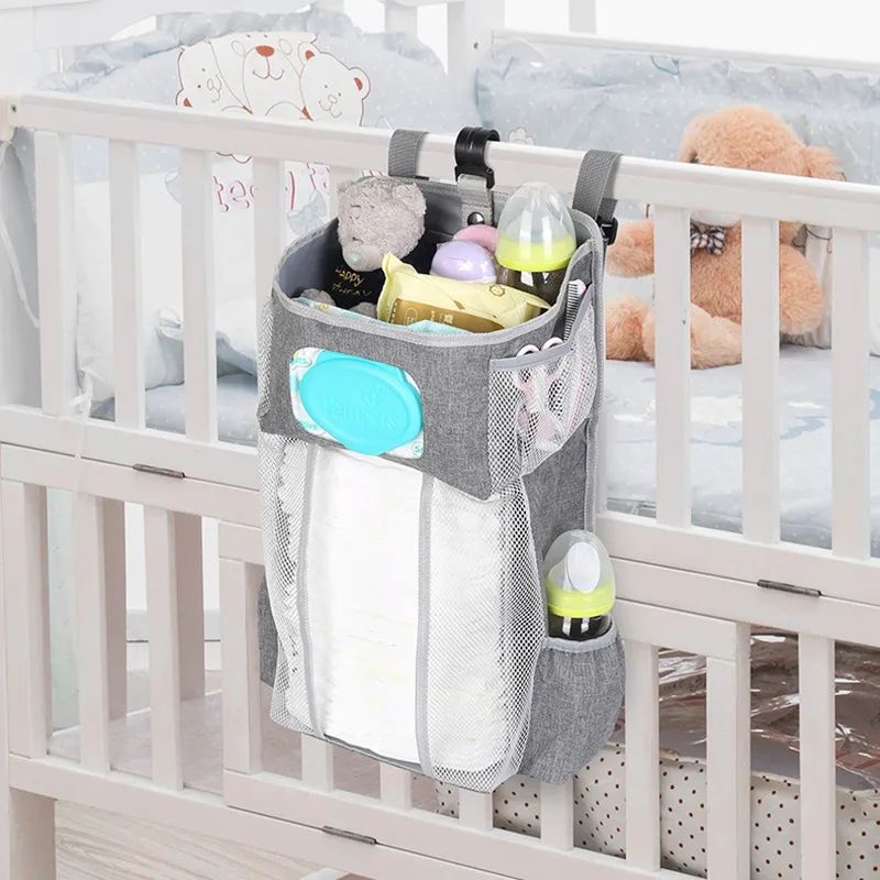 Krippe hängende Aufbewahrungstasche Baby essentials Windel Speicherorganisator Bettwäsche grau big image 1