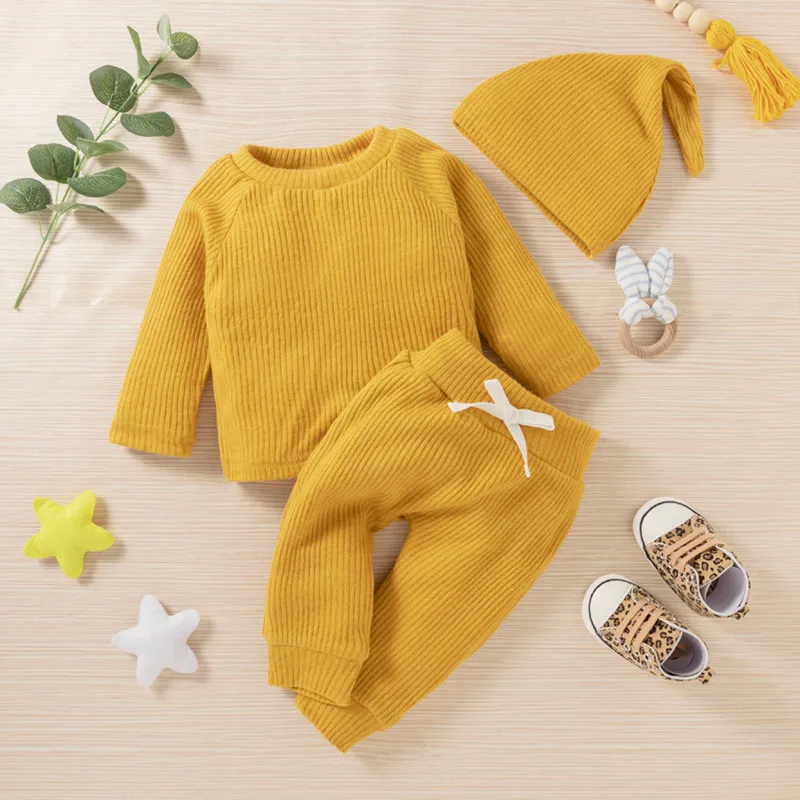 Baby Boy/Girl 3pcs Solid Ribbed Long-sleeve Pullover and Trouser Set Ginger big image 1