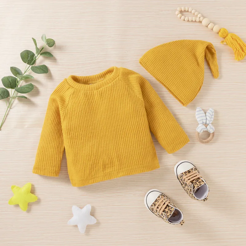 Baby Boy/Girl 3pcs Solid Ribbed Long-sleeve Pullover and Trouser Set Ginger big image 1