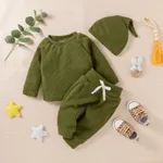 Baby Boy/Girl 3pcs Solid Ribbed Long-sleeve Pullover and Trouser Set Army green