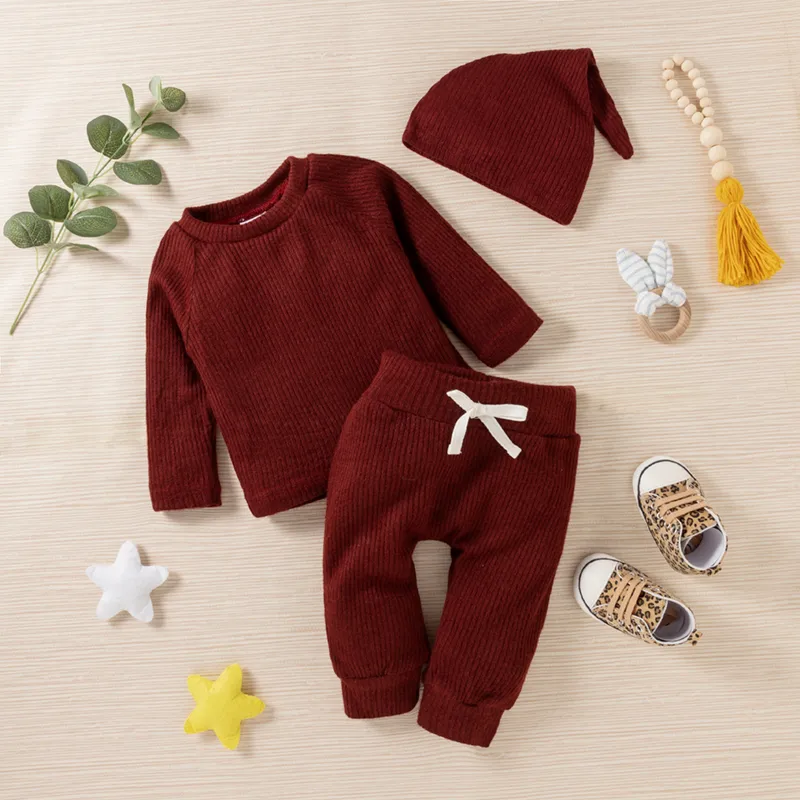 Baby Boy/Girl 3pcs Solid Ribbed Long-sleeve Pullover and Trouser Set Burgundy