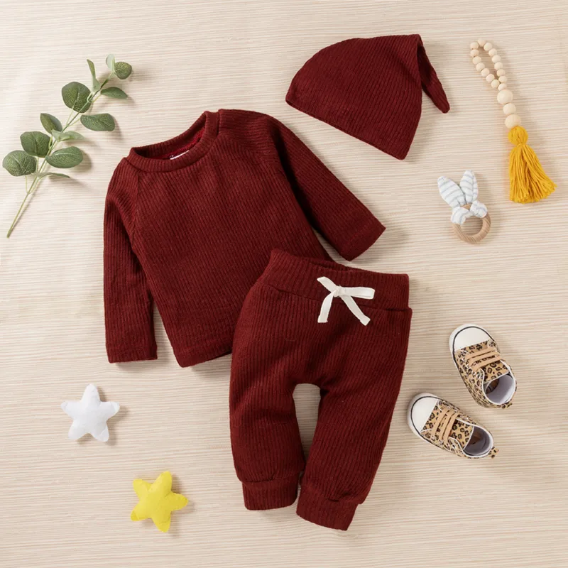 Baby Boy/Girl 3pcs Solid Ribbed Long-sleeve Pullover and Trouser Set Burgundy big image 1