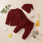 Baby Boy/Girl 3pcs Solid Ribbed Long-sleeve Pullover and Trouser Set Burgundy image 2