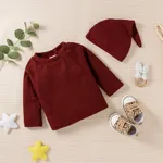 Baby Boy/Girl 3pcs Solid Ribbed Long-sleeve Pullover and Trouser Set Burgundy image 3