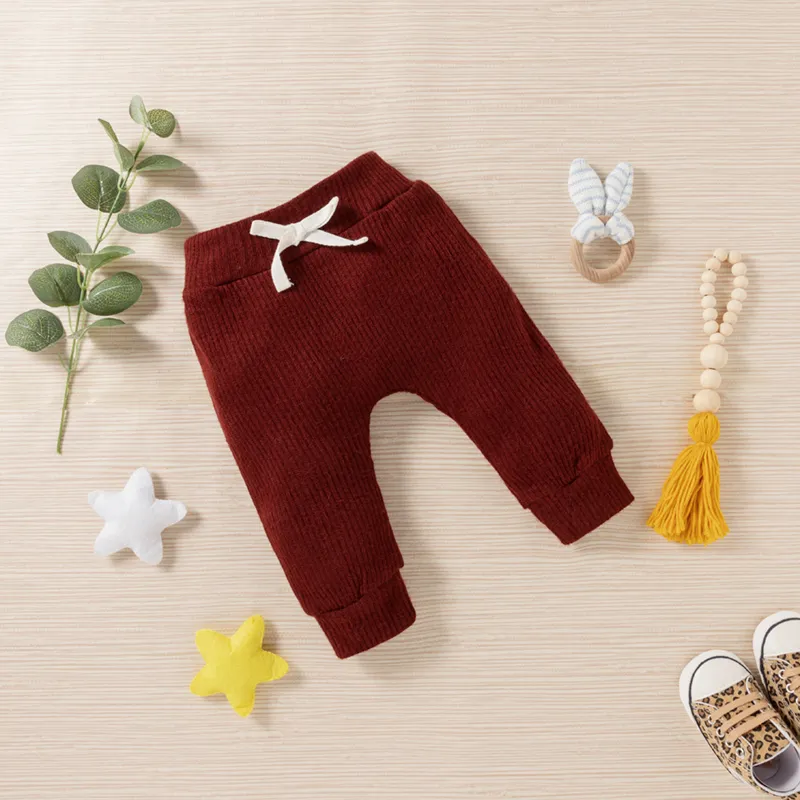 Baby Boy/Girl 3pcs Solid Ribbed Long-sleeve Pullover and Trouser Set Burgundy image 4