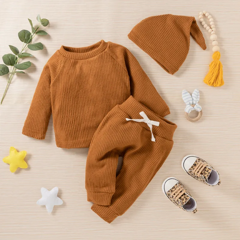 Baby Boy/Girl 3pcs Solid Ribbed Long-sleeve Pullover and Trouser Set Brown