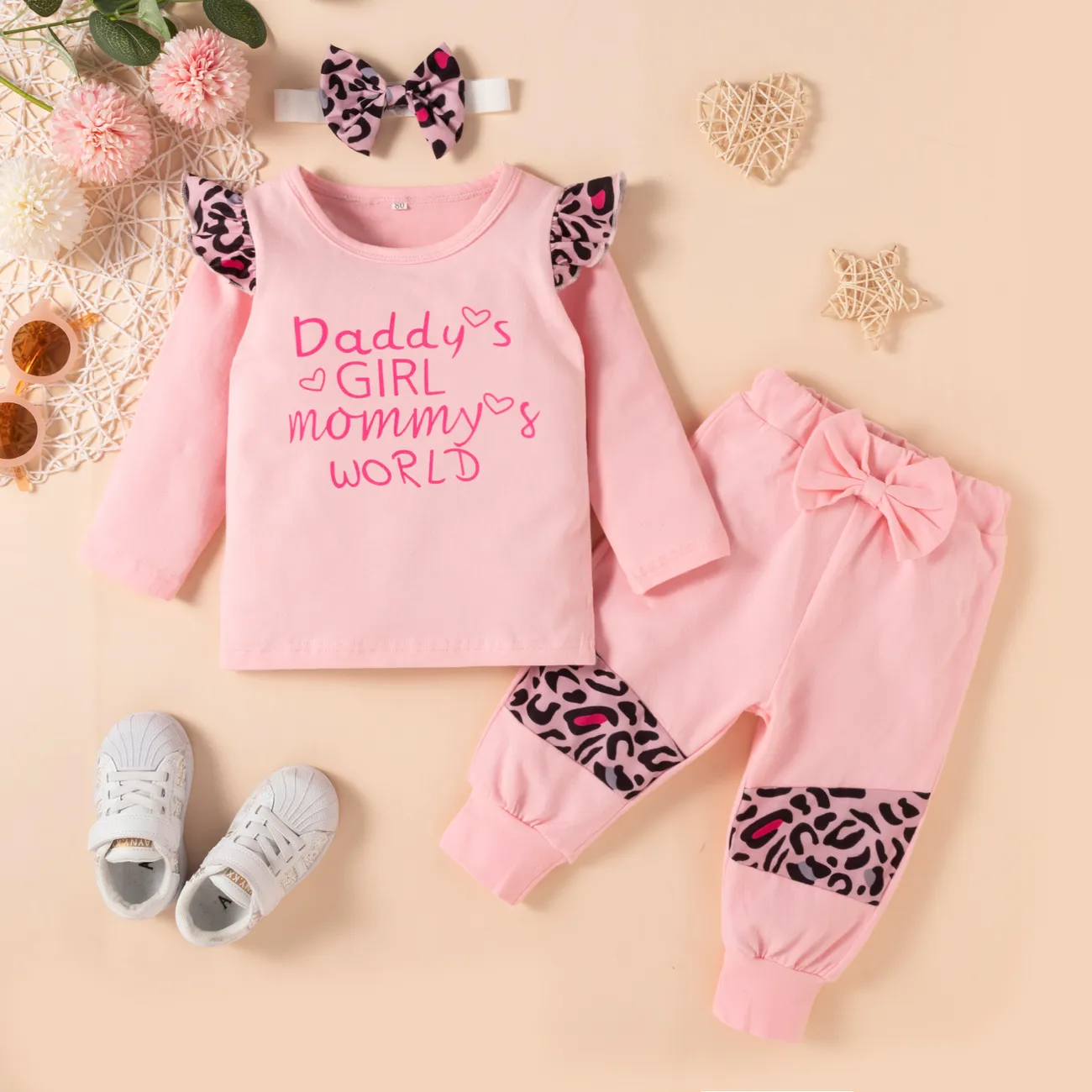 3pcs Baby Girl Letter Print Leopard Splice Long-sleeve T-shirt and Trousers Set Pink big image 1