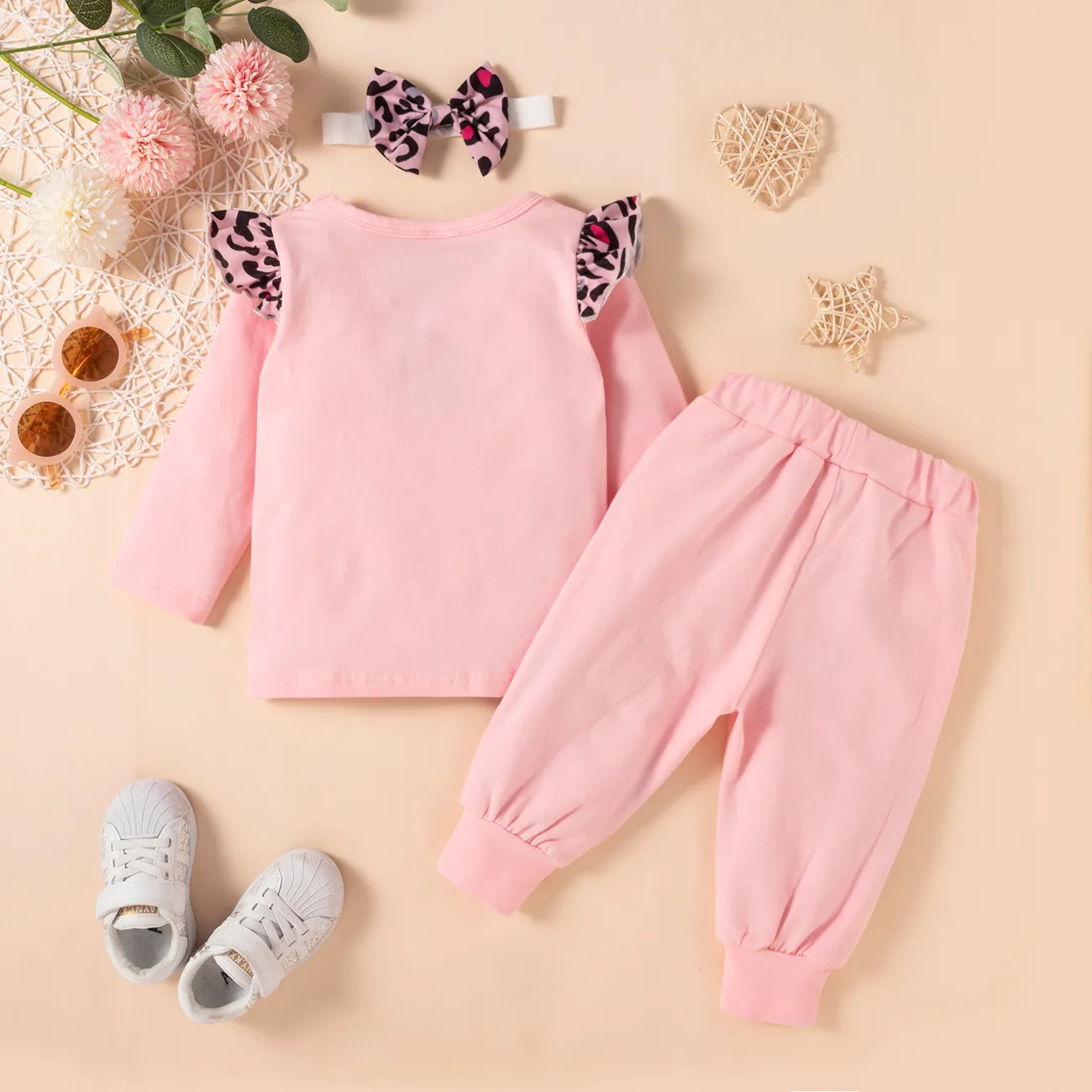3pcs Baby Girl Letter Print Leopard Splice Long-sleeve T-shirt and Trousers Set Pink big image 1