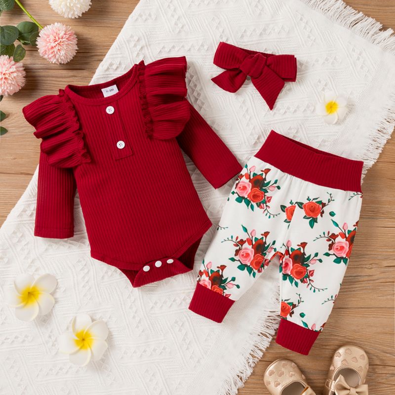 Baby Girl 3pcs Ribbed Rose Floral Print Long Sleeve Romper Set