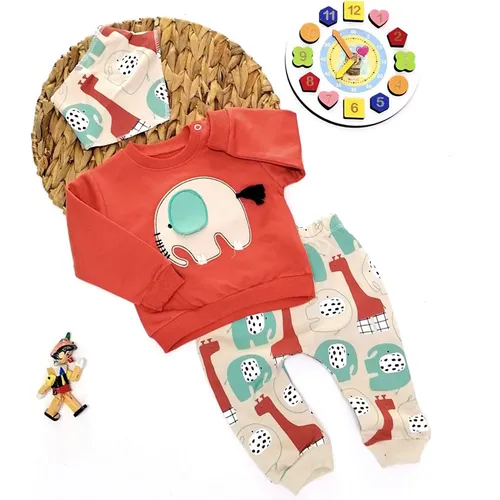 Conjunto de jersey y pantalón de algodón de manga larga con patrón de elefante de dibujos animados para bebés de 2 piezas