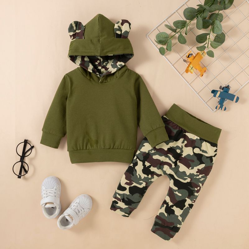 

100% Cotton 2pcs Camouflage Print Hooded Long-sleeve Pink Baby Set