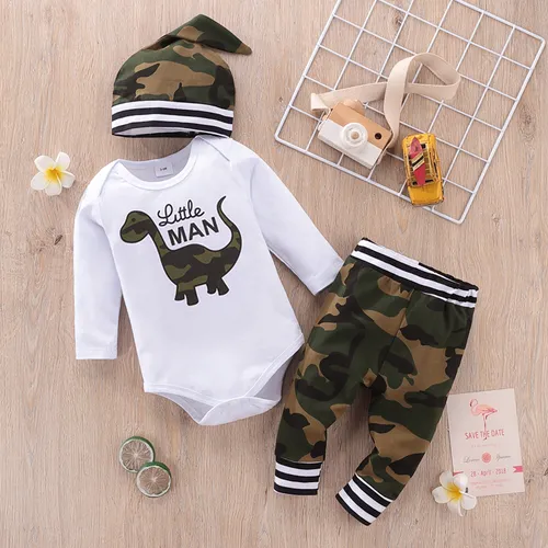 3-teiliger Baby-Jungen-Strampler aus 95 % Baumwolle mit langen Ärmeln und Dinosaurier-Buchstabendruck und Camouflage-Hose mit Hut-Set