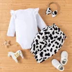 3pcs Baby Girl Letter and Cow Print White Long-sleeve Romper and Bowknot Trousers Set  image 2