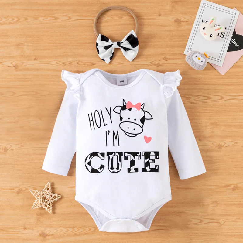 3pcs Baby Girl Letter and Cow Print White Long-sleeve Romper and Bowknot Trousers Set White big image 1
