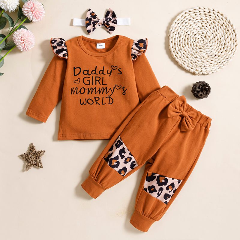 3pcs Baby Girl Letter Print Leopard Splice Long-sleeve T-shirt And Trousers Set