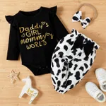 3pcs Baby Girl Letter and Cow Print White Long-sleeve Romper and Bowknot Trousers Set Black