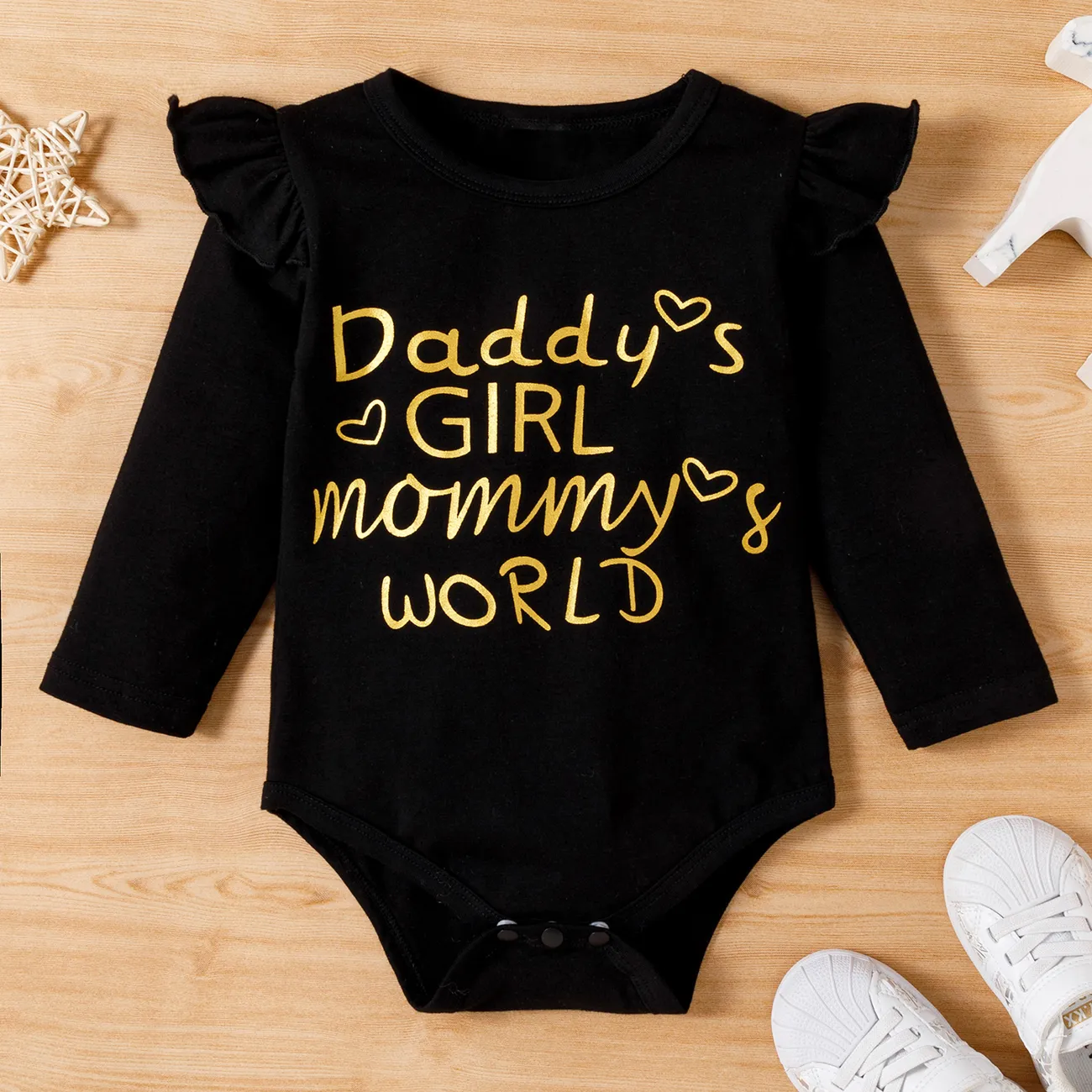 3pcs Baby Girl Letter and Cow Print White Long-sleeve Romper and Bowknot Trousers Set Black big image 1